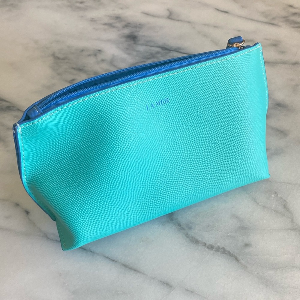 La Mer blue makeup bag
